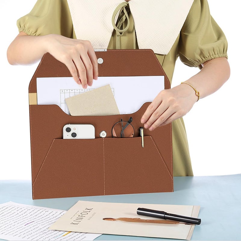 VANRA File Folder Document Holder Organizer Waterproof Portfolio Leather Folder Case with 3 Pockets, Filing Envelopes for A4 Letter Size Paper with Snap Magnetic Button Closure (Brown) - Image 5